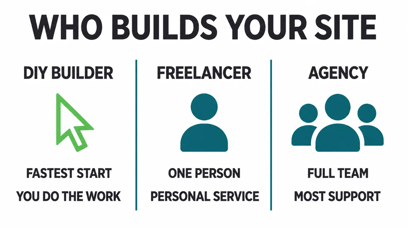 Three column comparison of a DIY builder, a freelancer, and an agency showing who builds your website