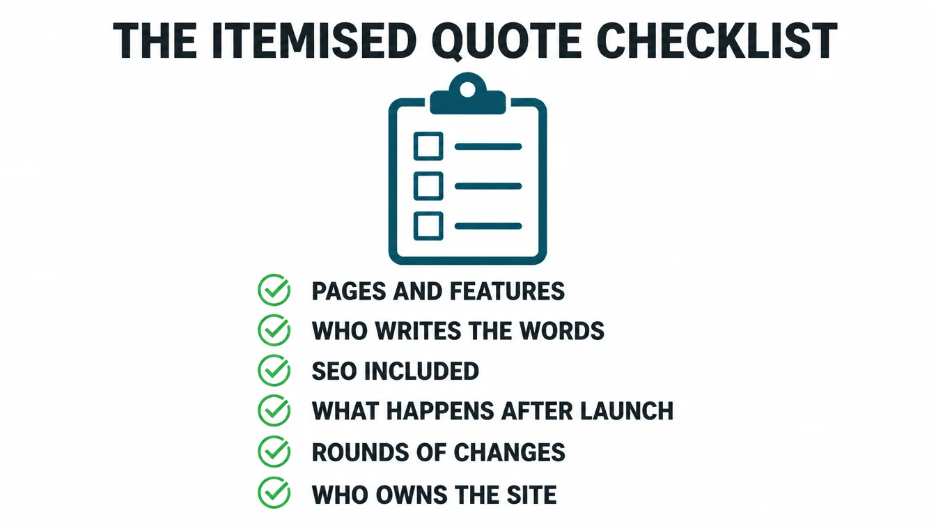 Clipboard checklist of what an itemised website quote should cover, including pages, copywriting, SEO, and ownership