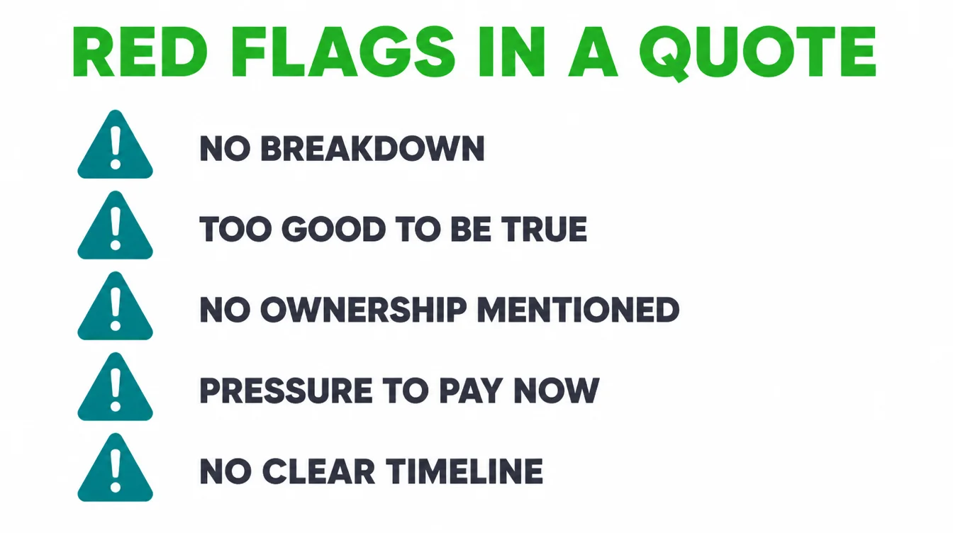 List of five red flags to watch for in a website quote, including no breakdown, pressure to pay now, and no clear timeline