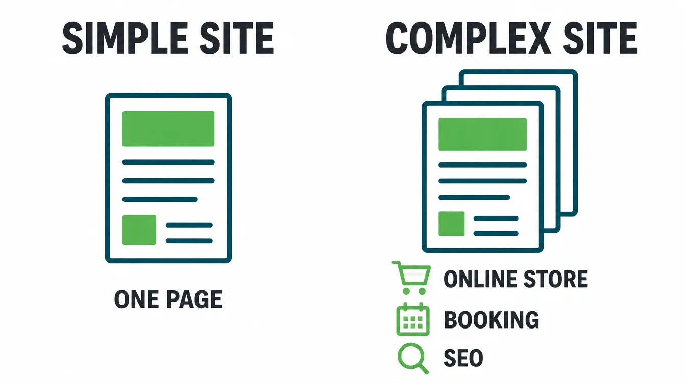 Side by side comparison of a simple one page website and a complex website with an online store, booking, and SEO