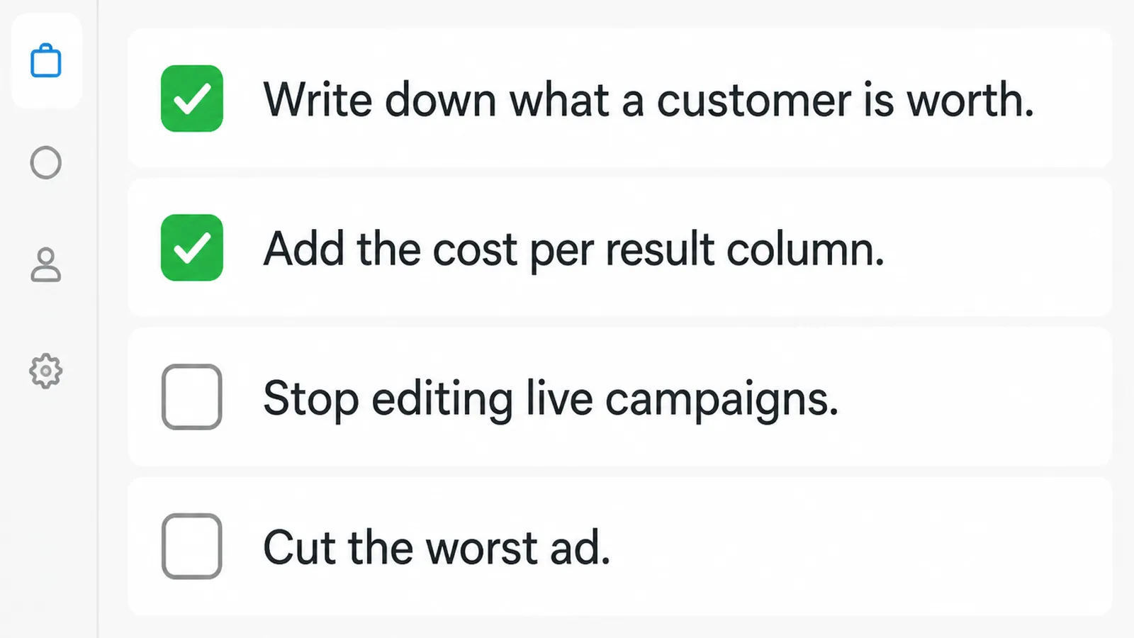 A task screen listing budget checks with the first two already ticked