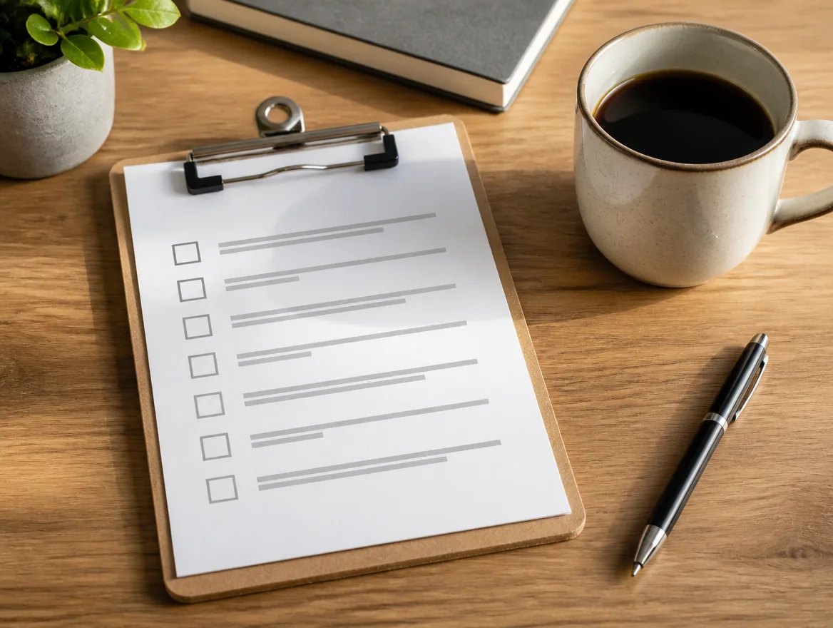 A short printed checklist on a clipboard next to a coffee cup and a pen on a wooden desk.