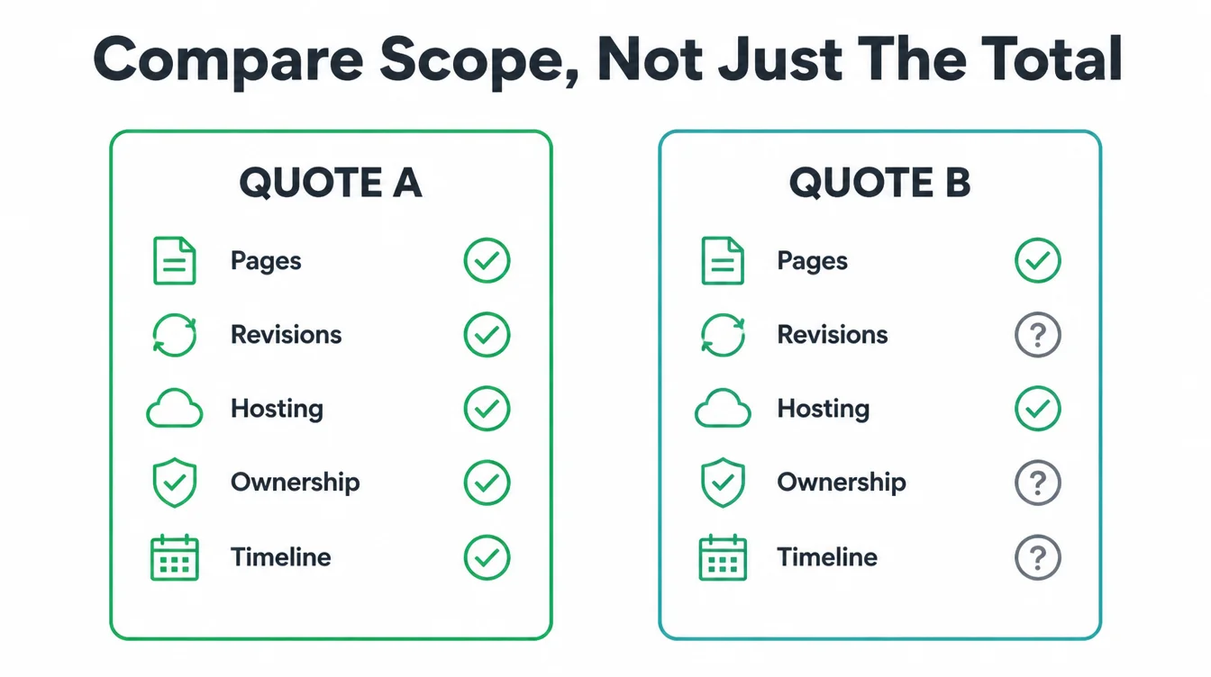 Two quote cards side by side showing pages, revisions, hosting, ownership