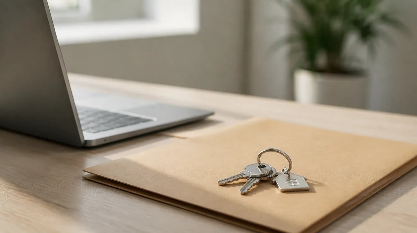 A single set of keys resting on a closed folder beside a laptop, a metaphor for ownership.