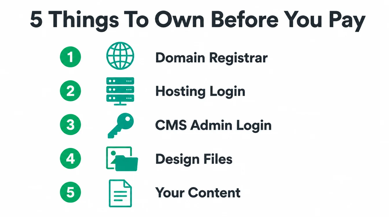 Numbered checklist of five items to own: domain registrar, hosting login, CMS admin login, design files, and content
