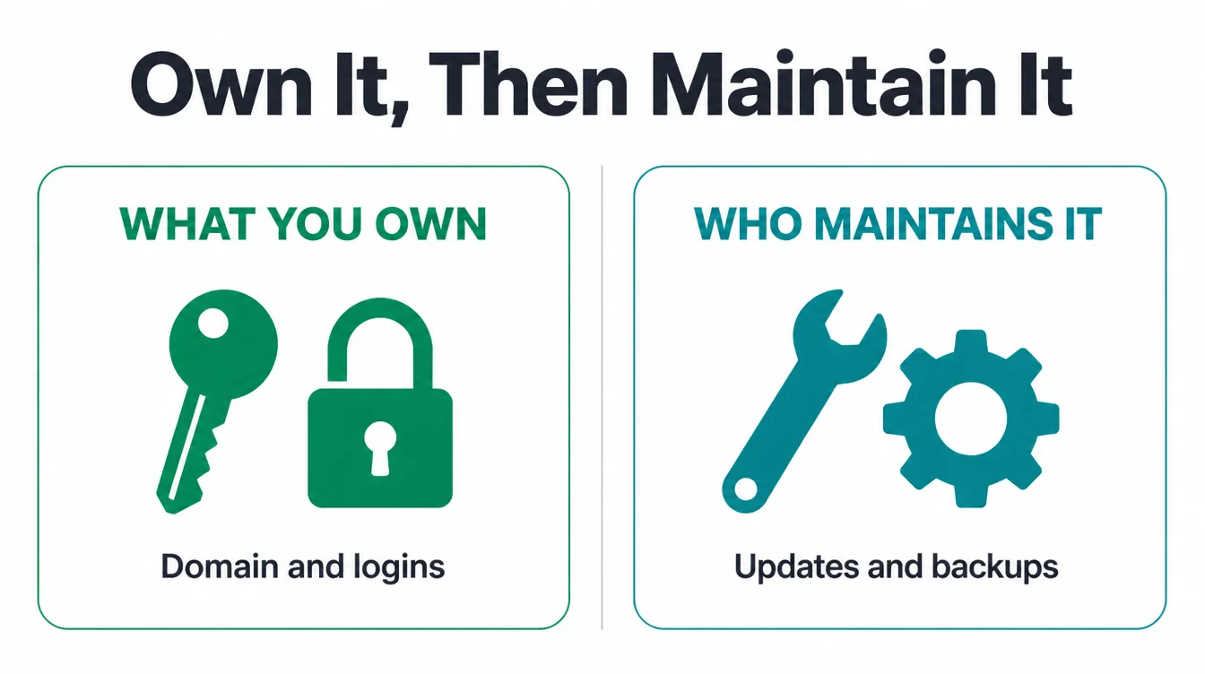 Two panels comparing what you own, domain and logins, against who maintains it, updates and backups