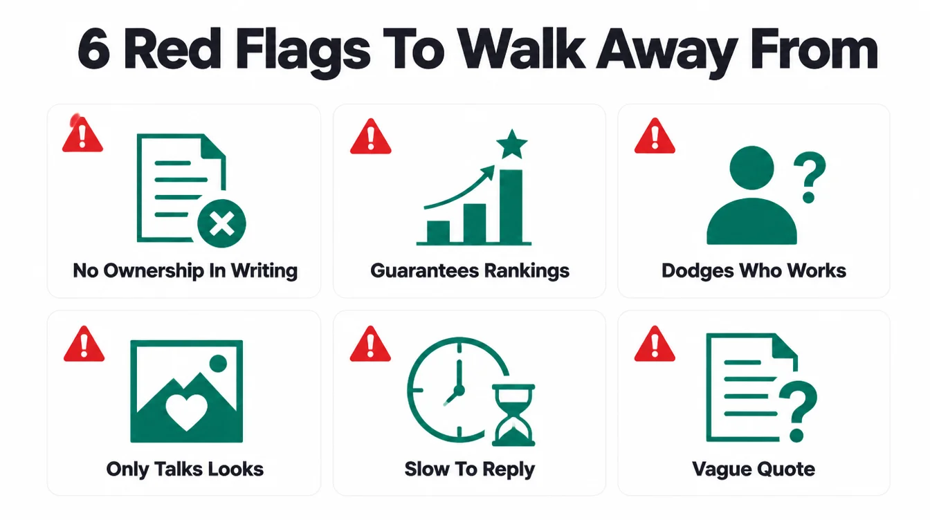 Grid of six warning cards for red flags including no ownership in writing, guarantees rankings, and a vague quote
