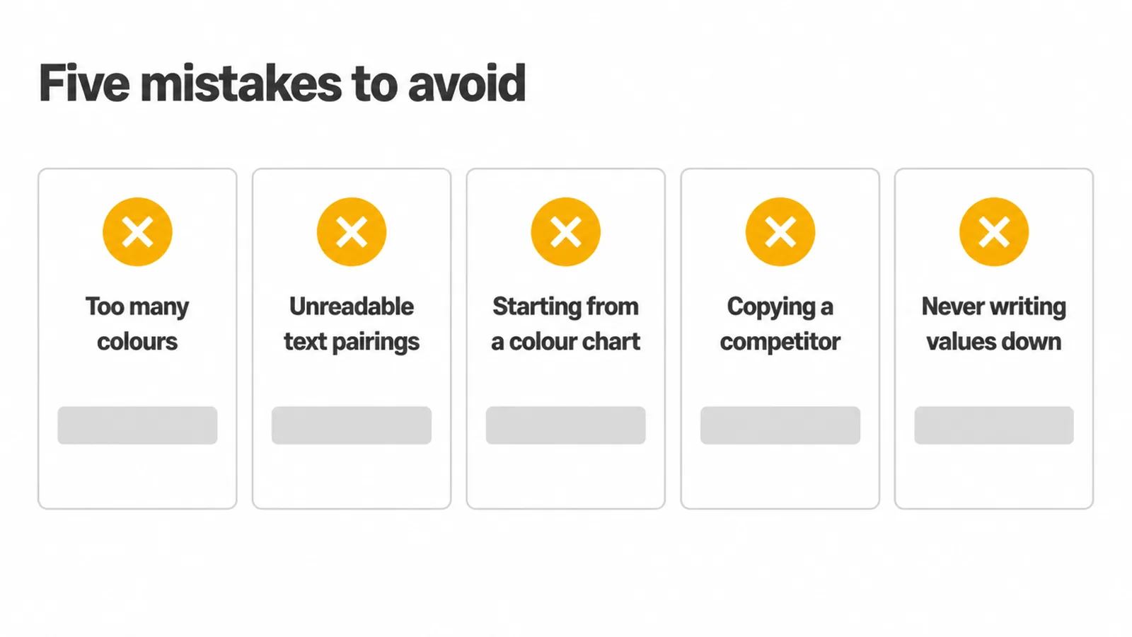 Five cards showing common brand colour mistakes, each marked with a cross