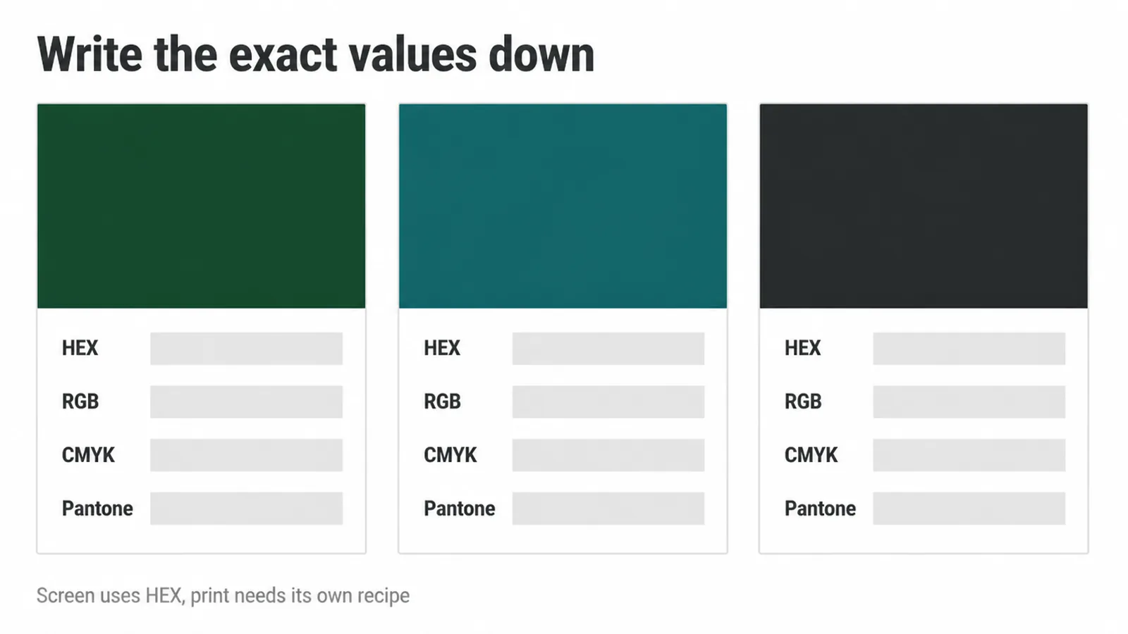 Three colour spec cards with blank fields for HEX, RGB, CMYK and Pantone values