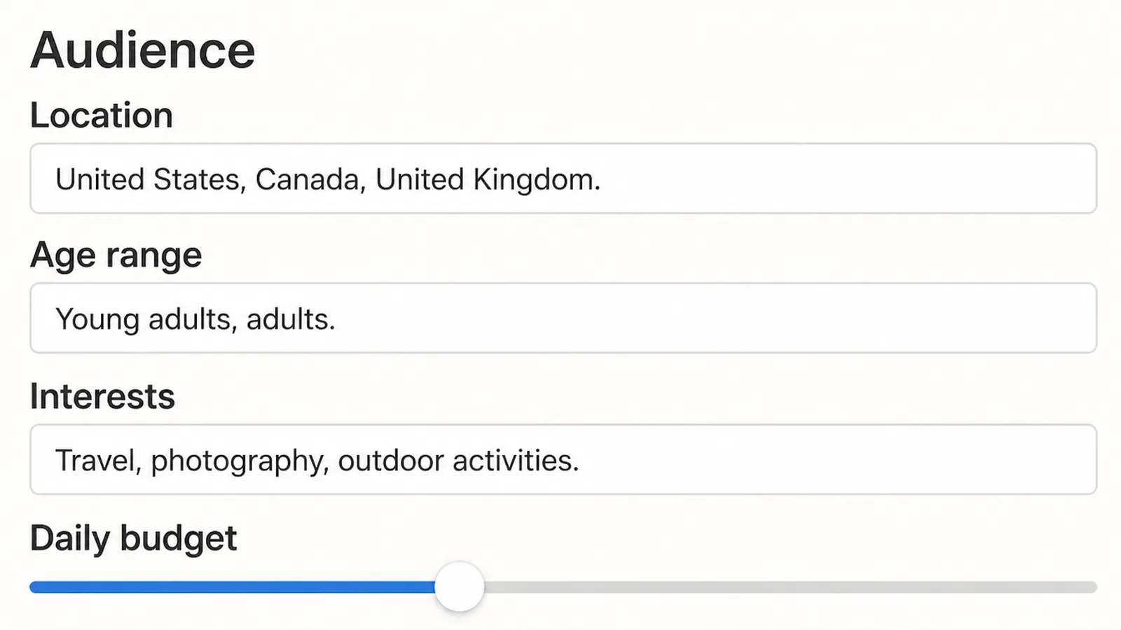 An audience panel with location, age range and interests set, and a daily budget slider