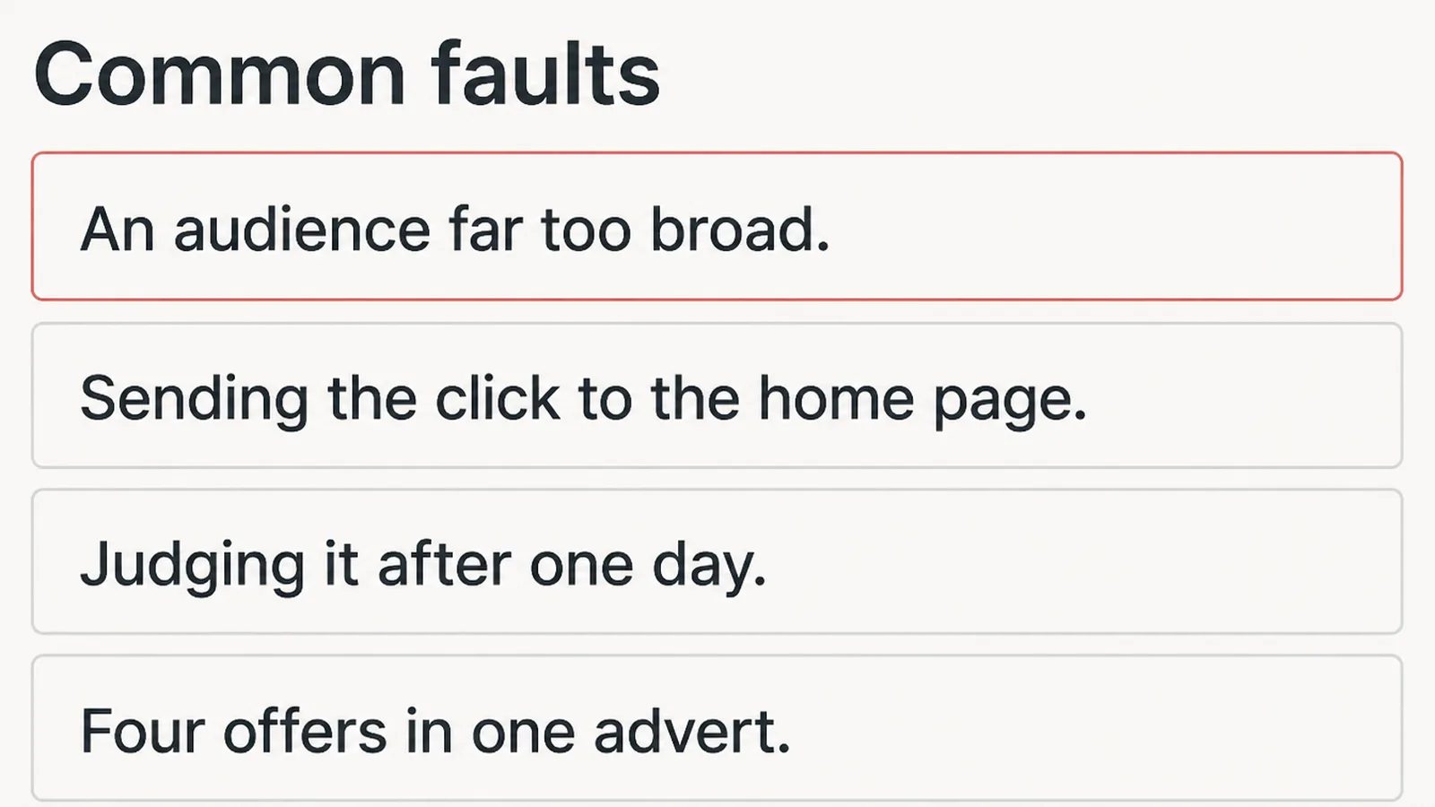 A diagnostics screen listing four advert faults with the first outlined in red