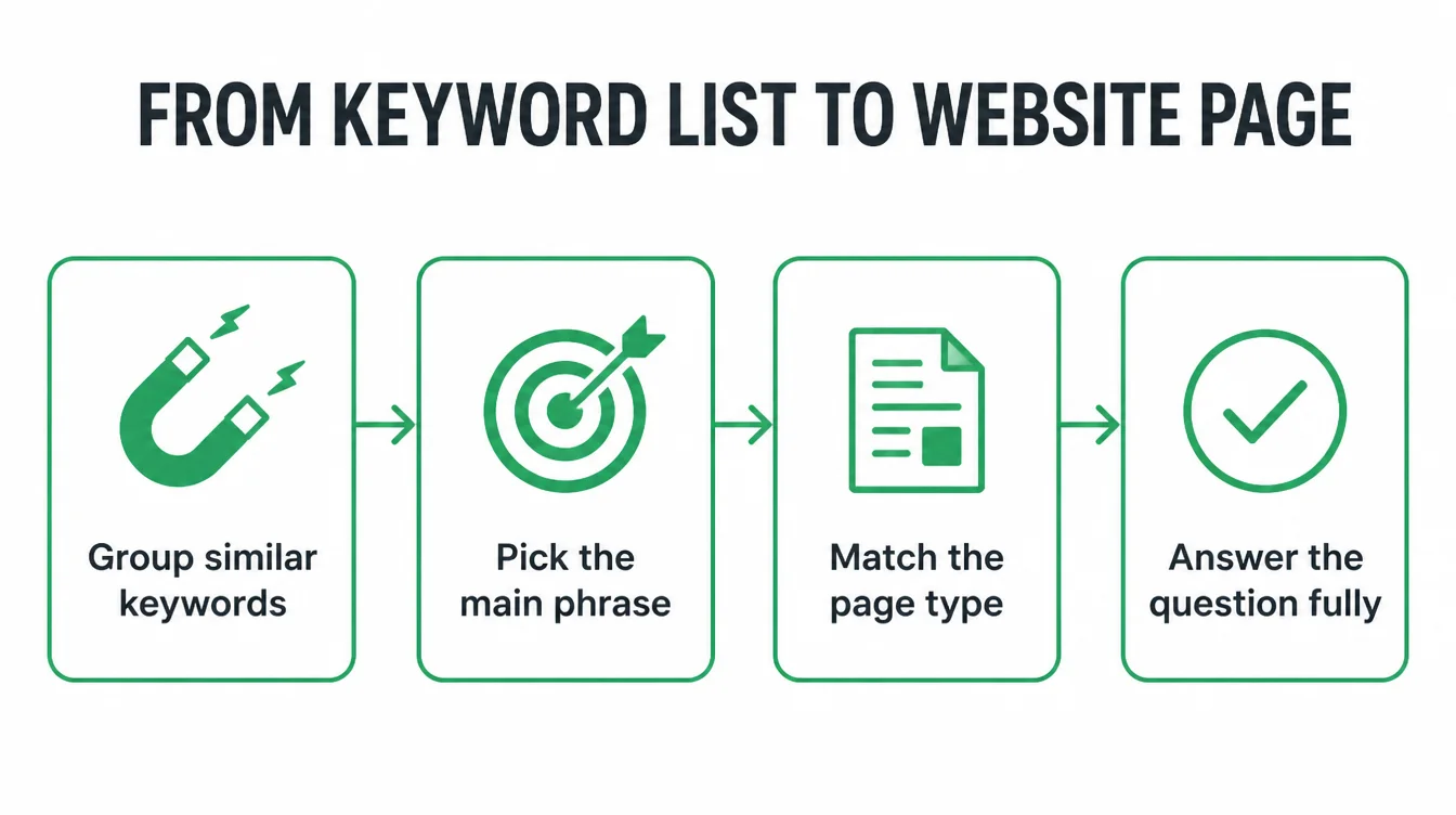 Four-step flow diagram: group similar keywords, pick the main phrase, match the page type, then answer the question fully.