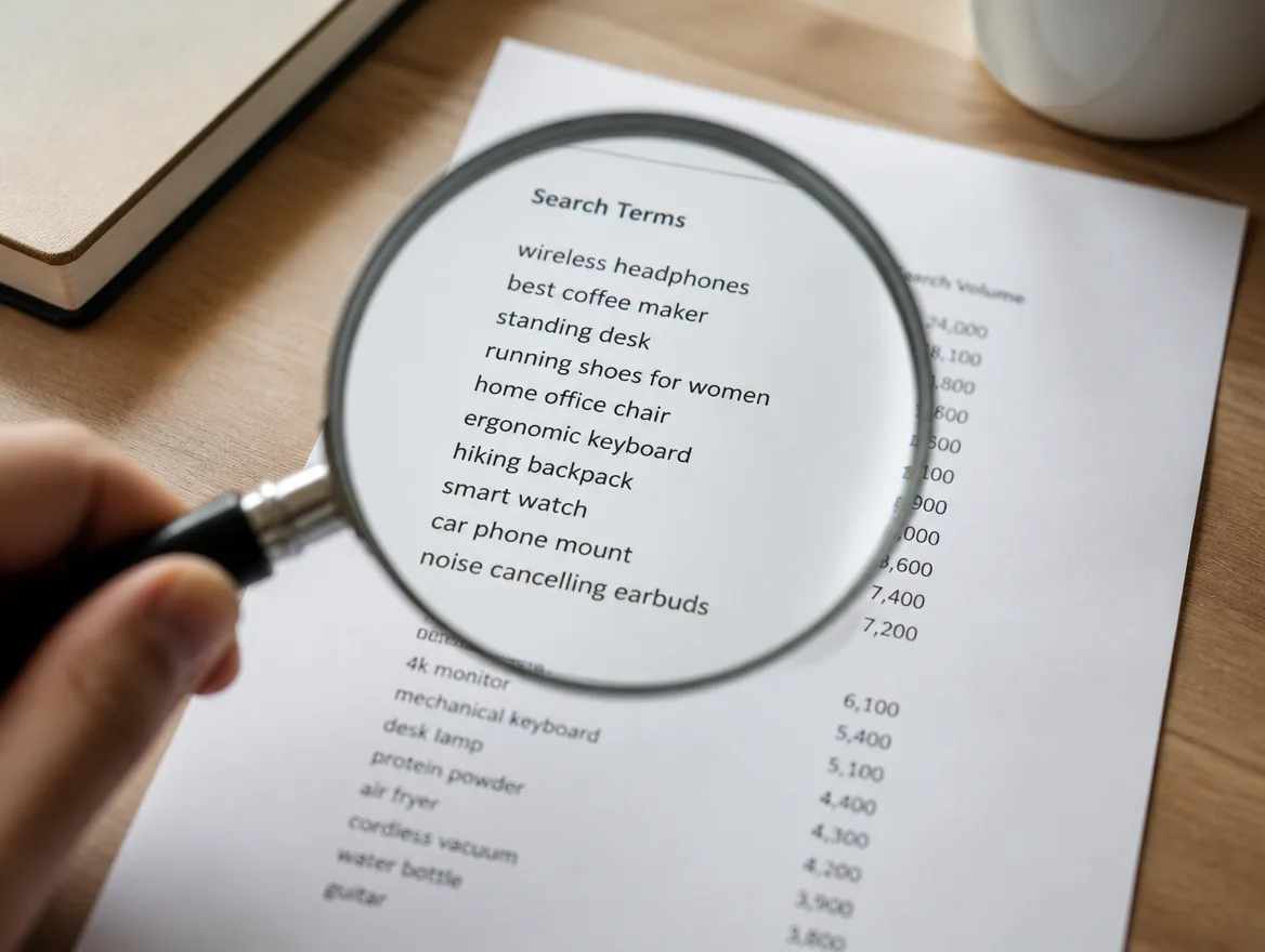 A magnifying glass held over a printed list of search phrases on a desk.