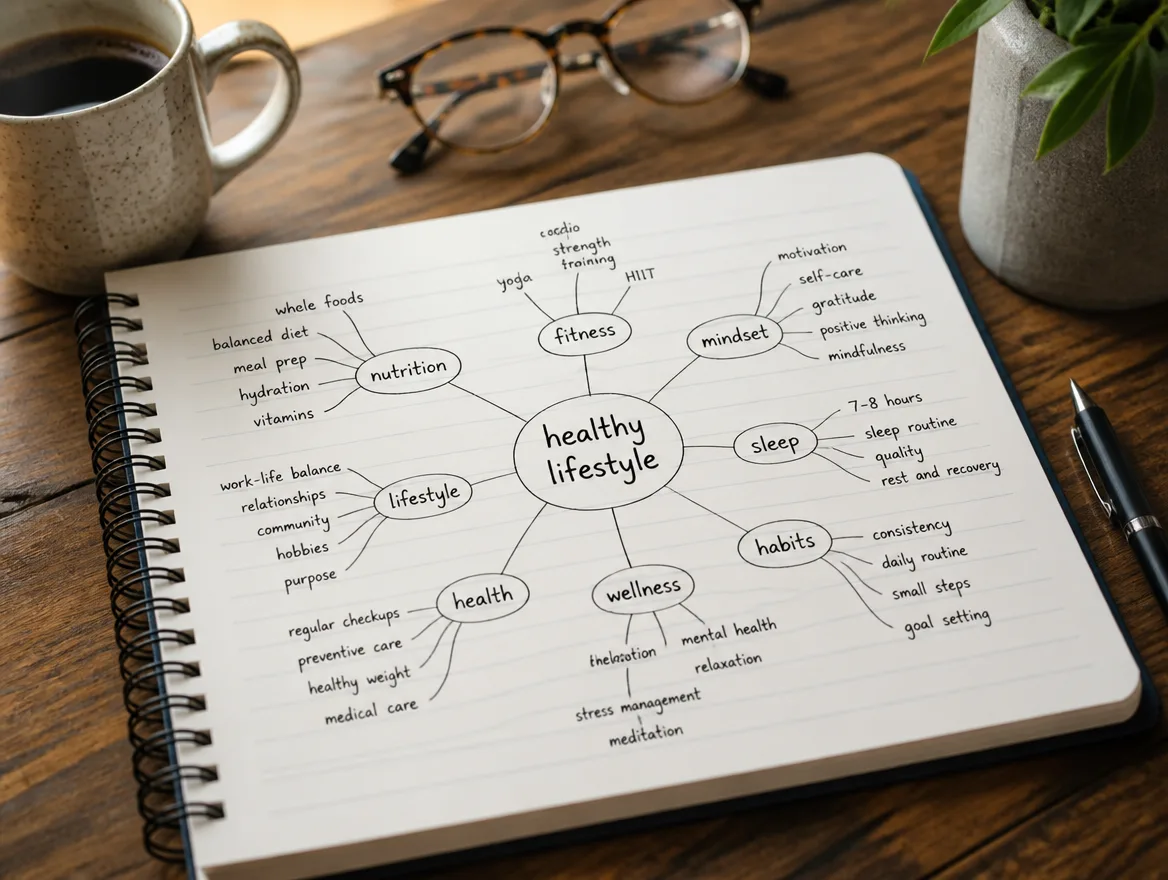 A hand-drawn mind map of related search words branching out in a notebook on a desk.