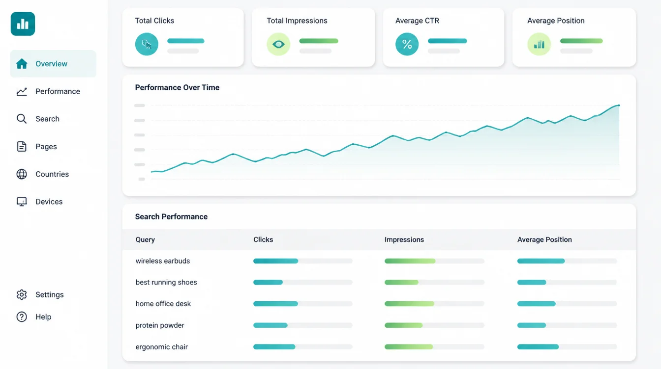 Generic search performance dashboard showing a query table with clicks, impressions, and average position columns.