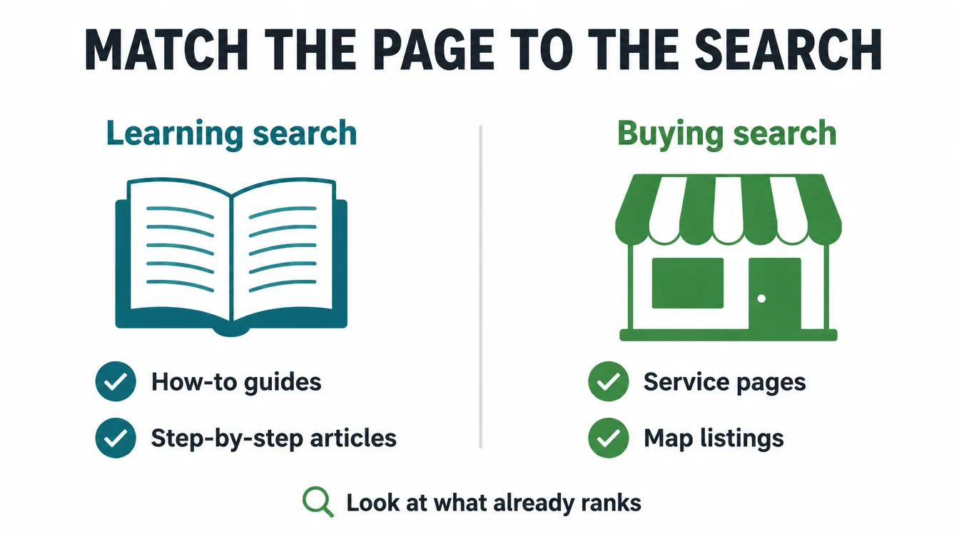 Infographic comparing learning searches, which want how-to guides, against buying searches
