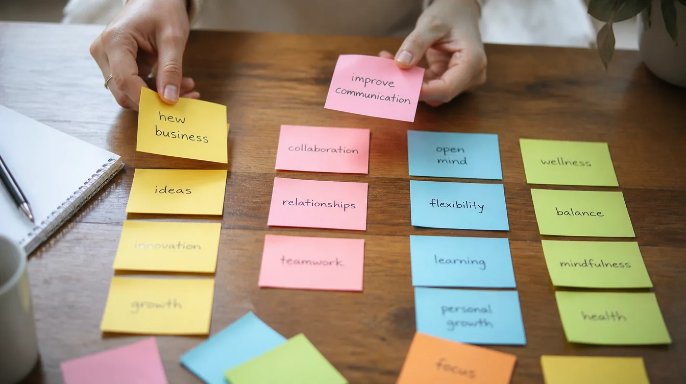 Hands sorting colourful sticky notes with phrases into groups on a wooden table.