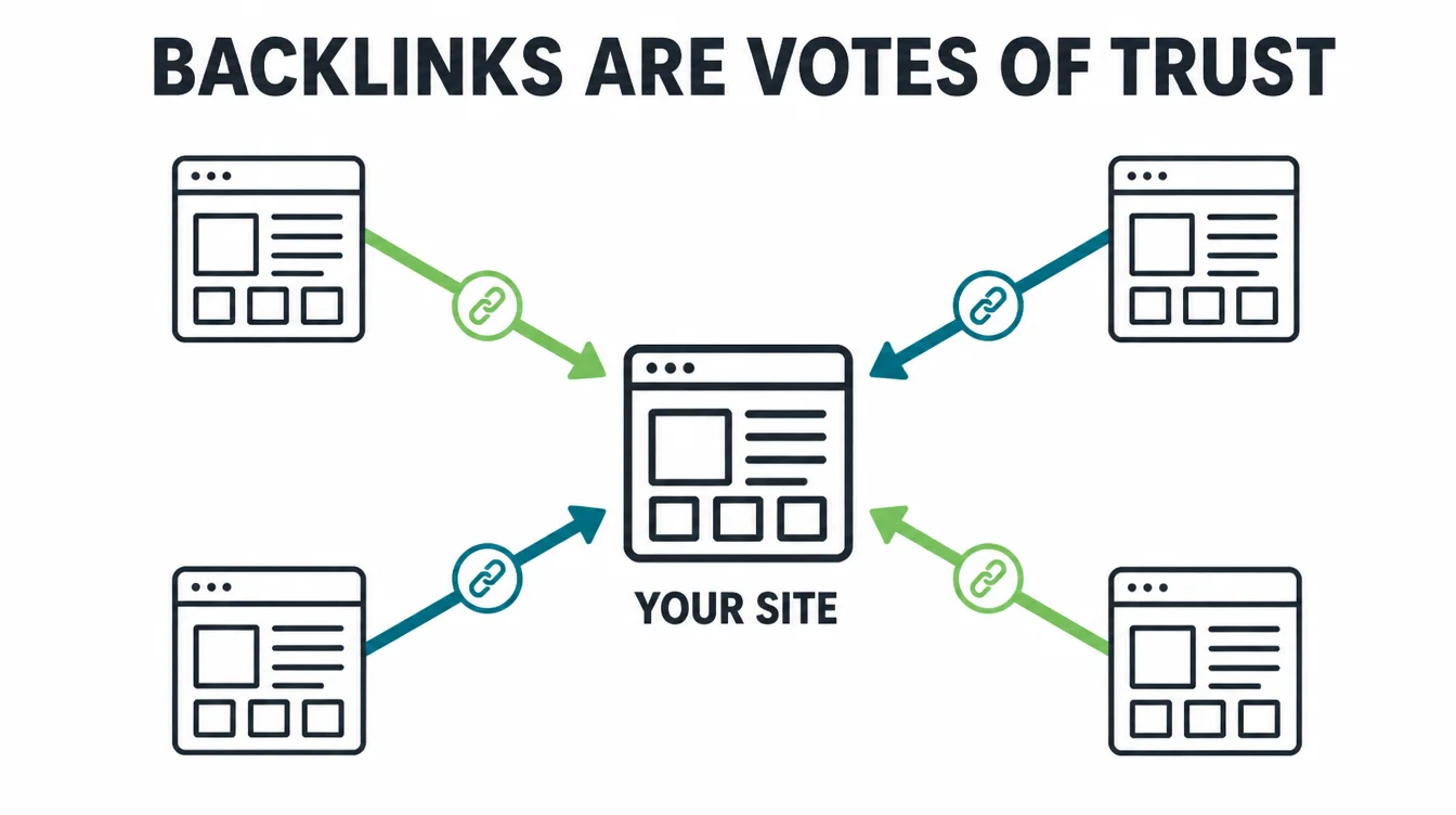 Diagram showing four websites linking to a central site, each link shown as a vote of trust.