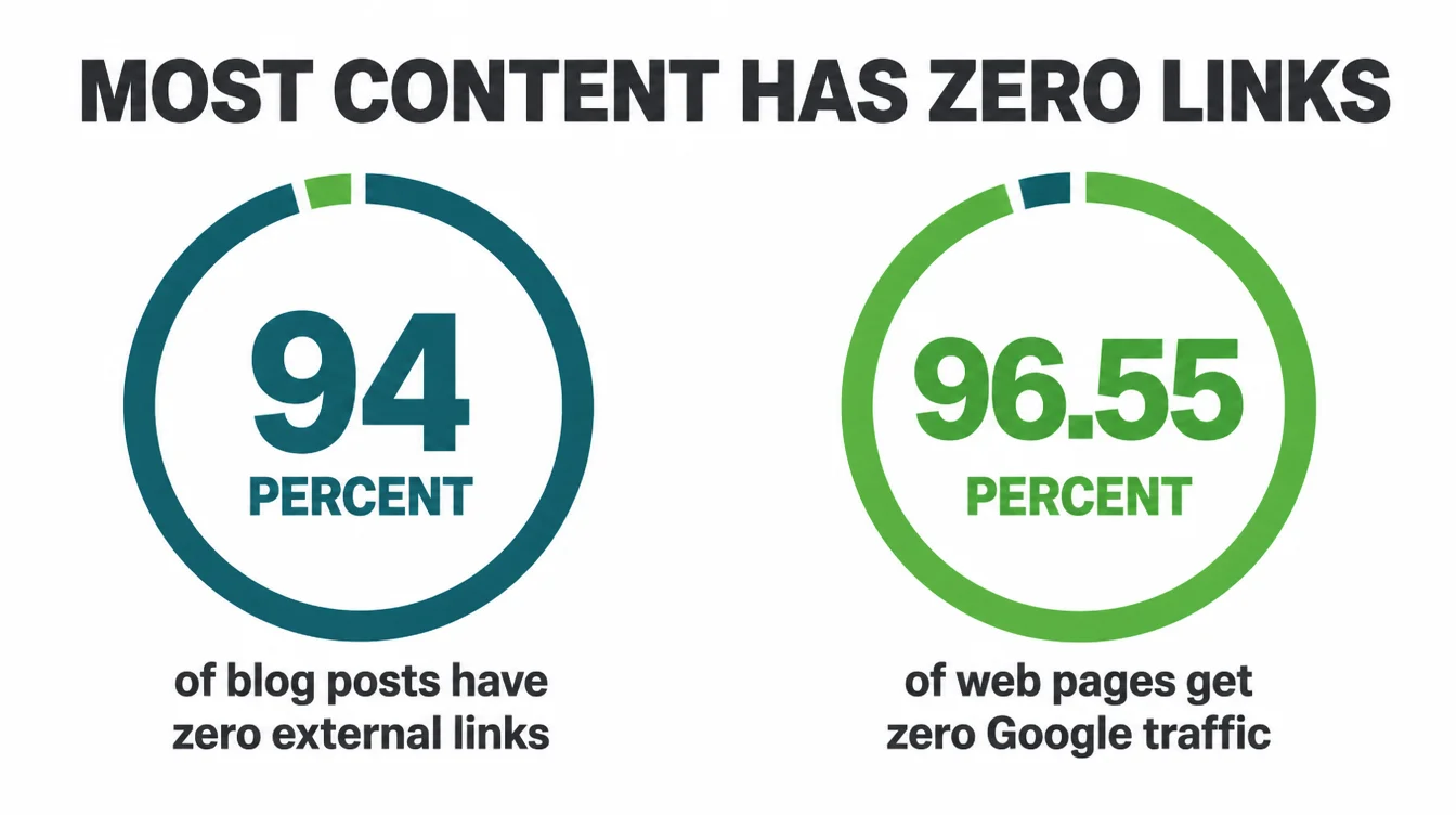 Infographic showing 94 percent of blog posts have zero external links and 96.55 percent of web pages get zero Google traffic.