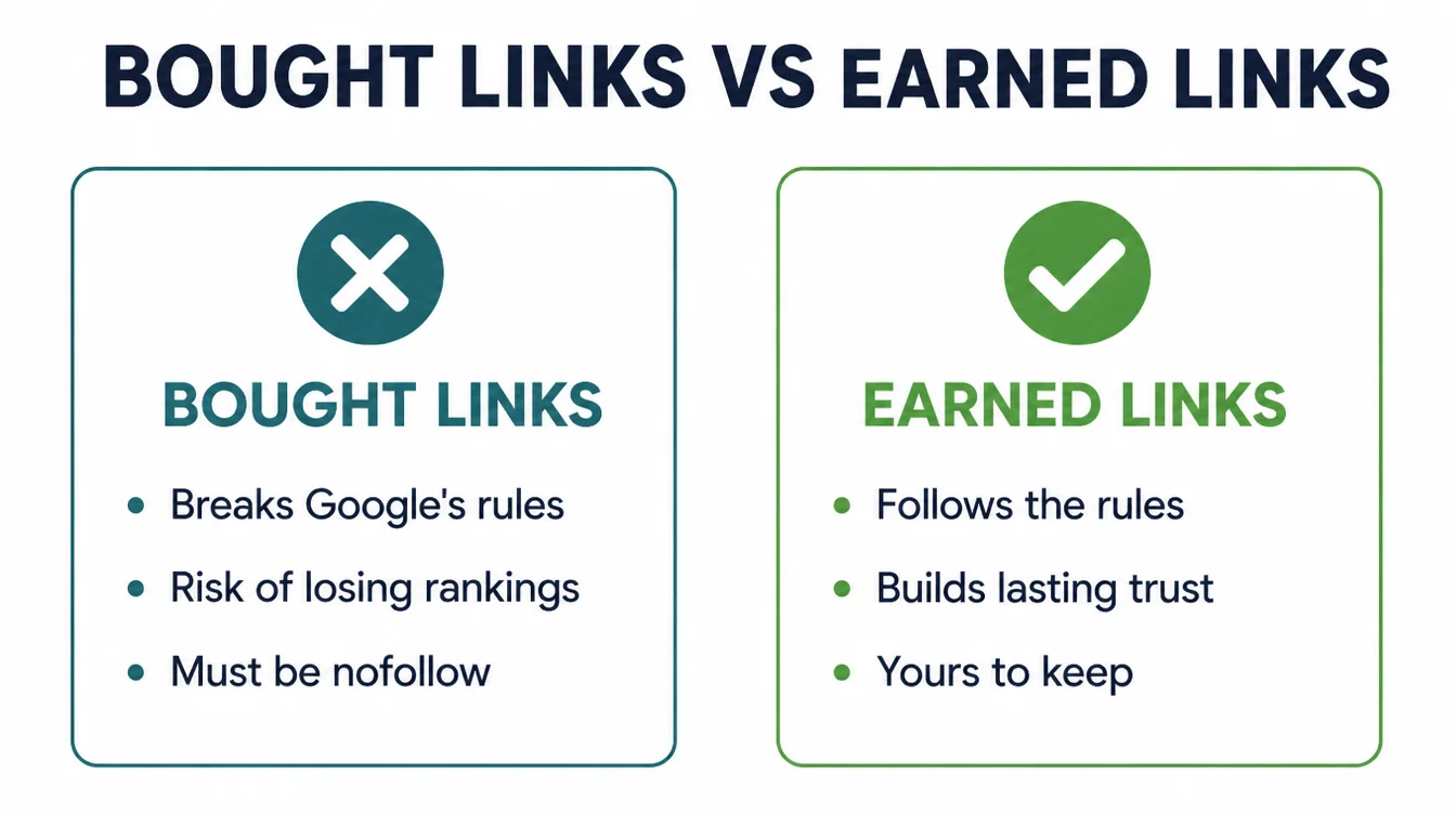 Comparison infographic of bought links versus earned links: bought links break Google's rules, risk losing rankings