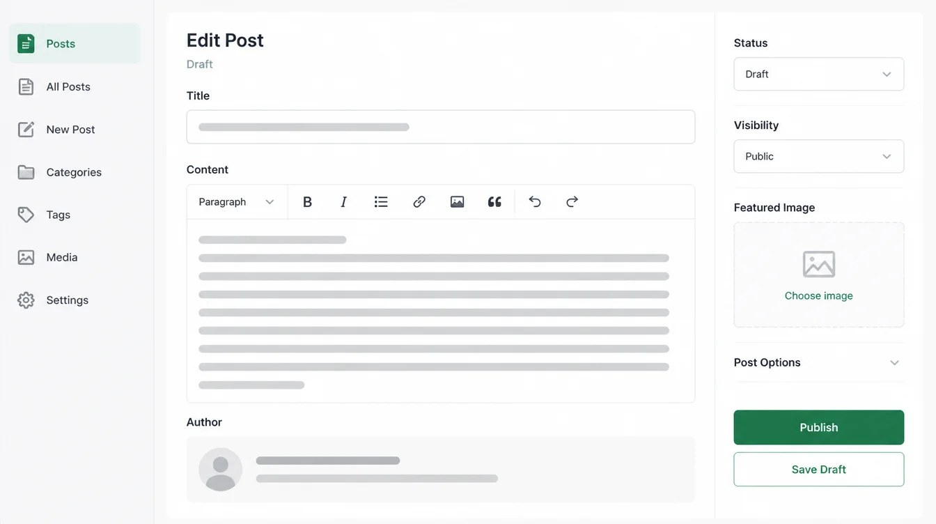 Article editor screen showing a draft post with a title field, body text, and an author bio box.