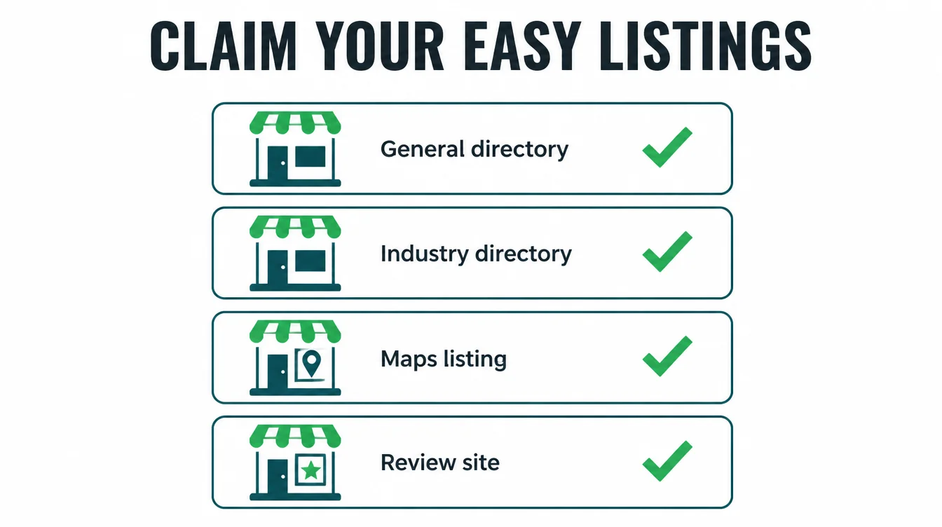 Checklist infographic of four directory listing types with checkmarks: general directory, industry directory
