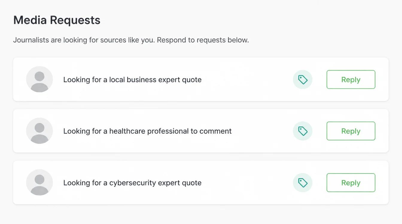 Media request feed showing journalists looking for expert quotes with a reply button on each card.