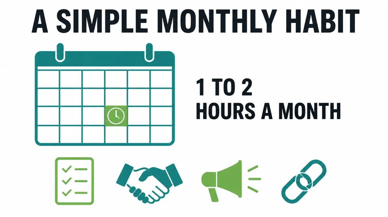 Calendar icon marked with one to two hours a month, next to checklist, handshake, megaphone, and link icons.