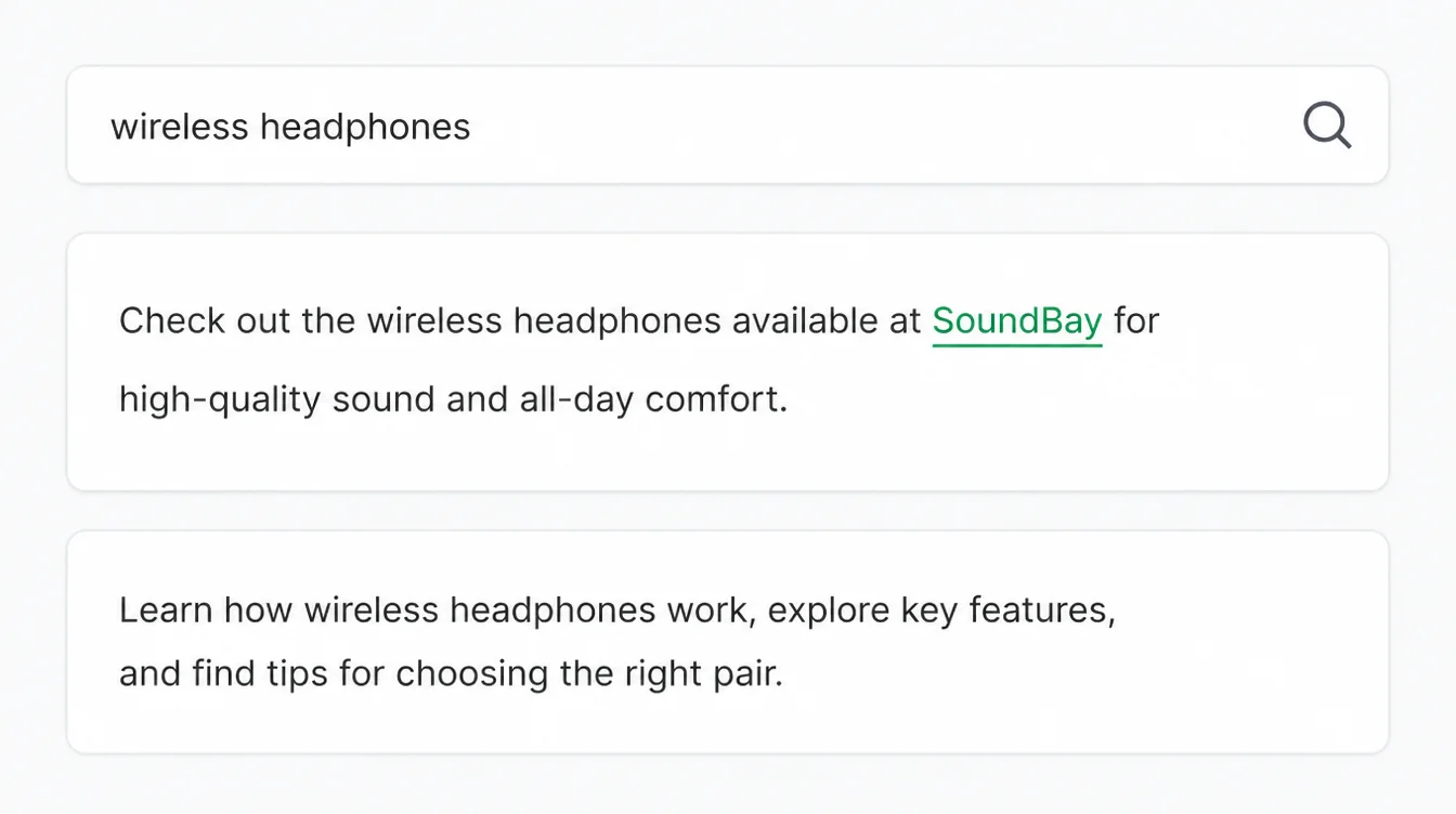 Search results screen with a business name mentioned in the text, one word underlined to show it should be a link.