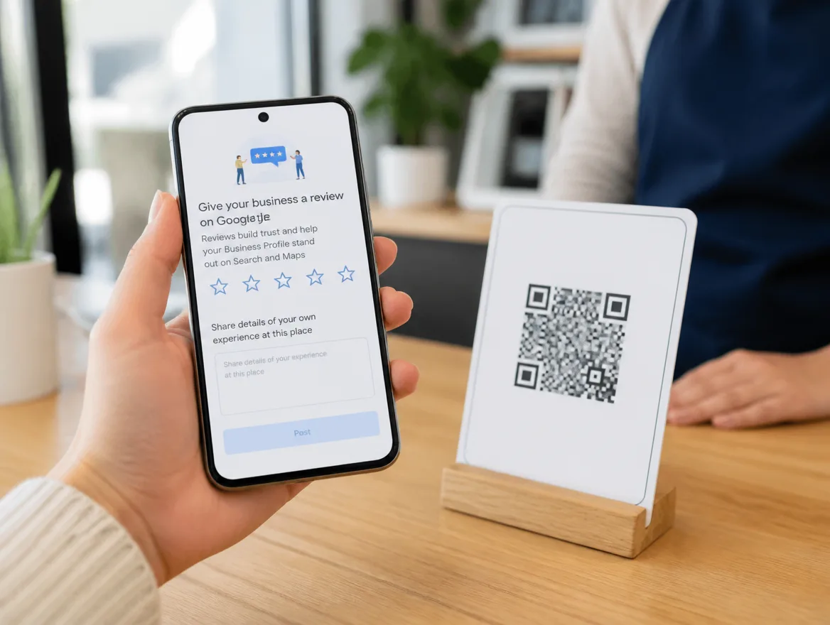 A phone showing the Google Business Profile ask for reviews screen next to a printed QR code review card.