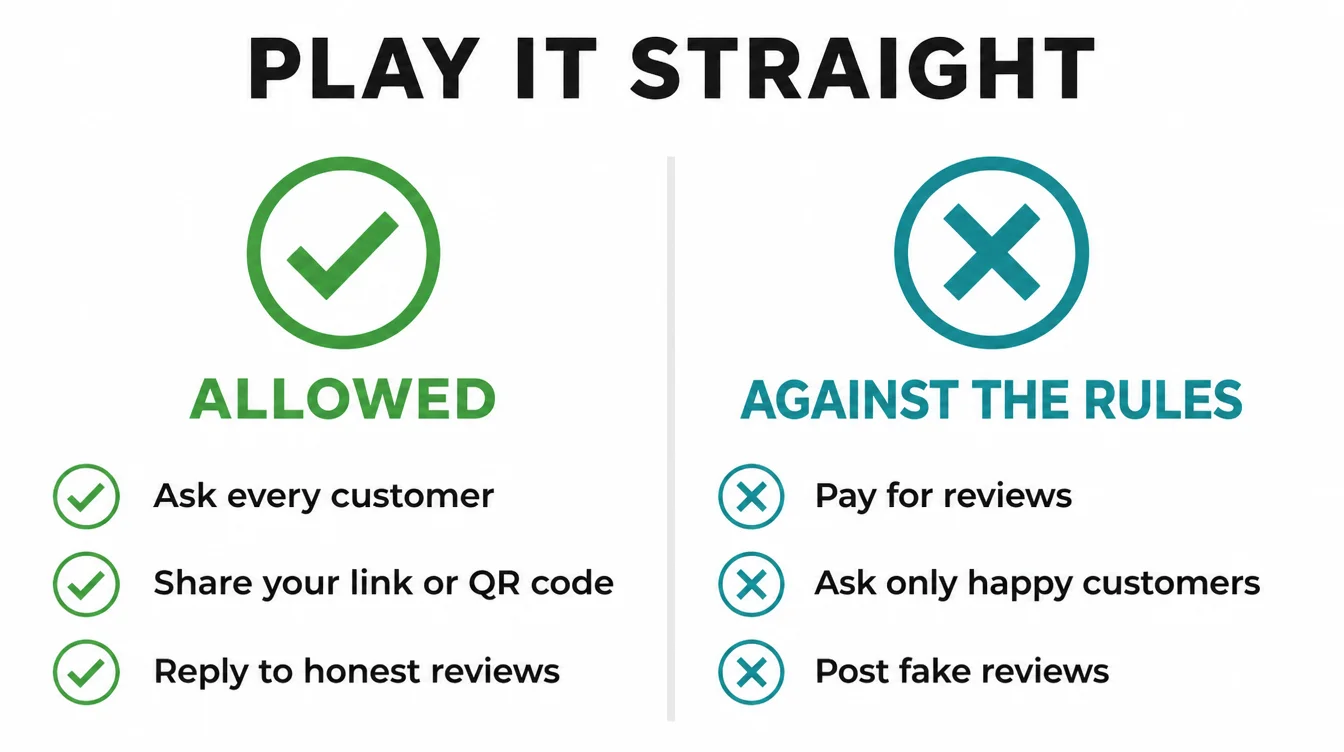 A two column graphic comparing what is allowed, like asking every customer and sharing your link