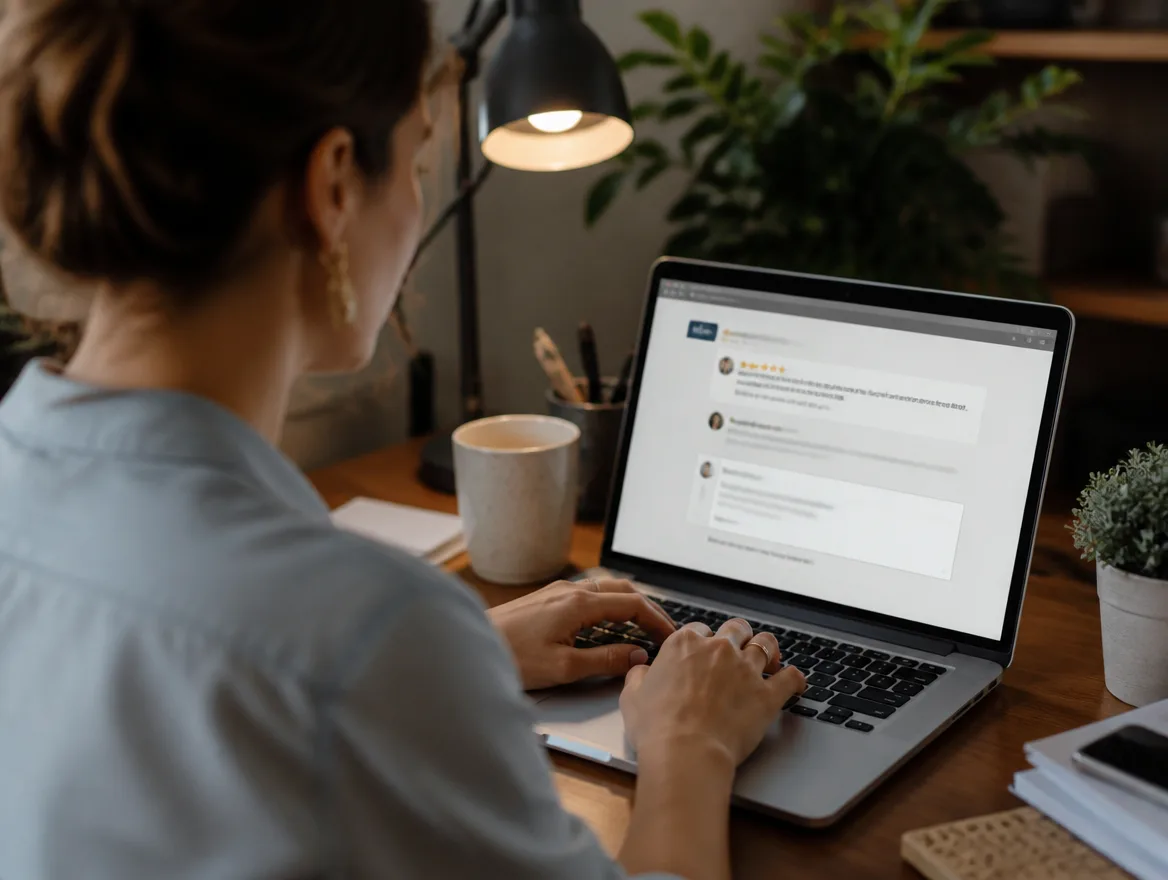 A laptop showing a business owner typing a short personal reply under a customer Google review.