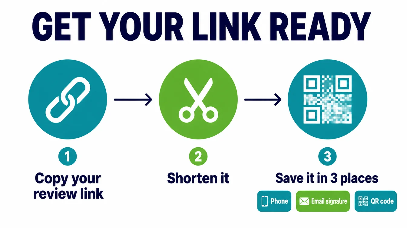 A three step flow showing how to get your review link ready: copy your review link, shorten it