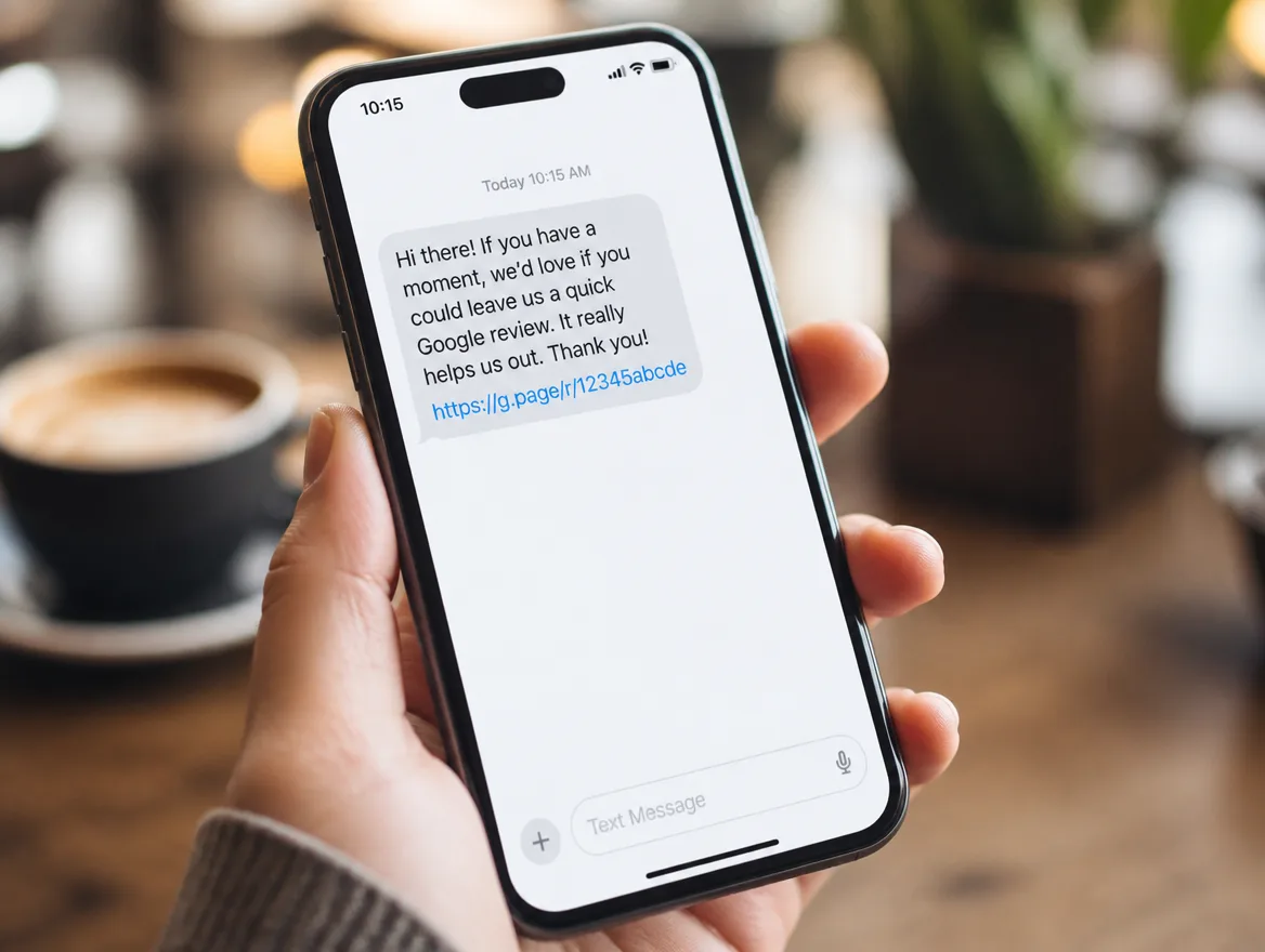 A phone screen showing a short friendly text message asking for a Google review with a tappable link.