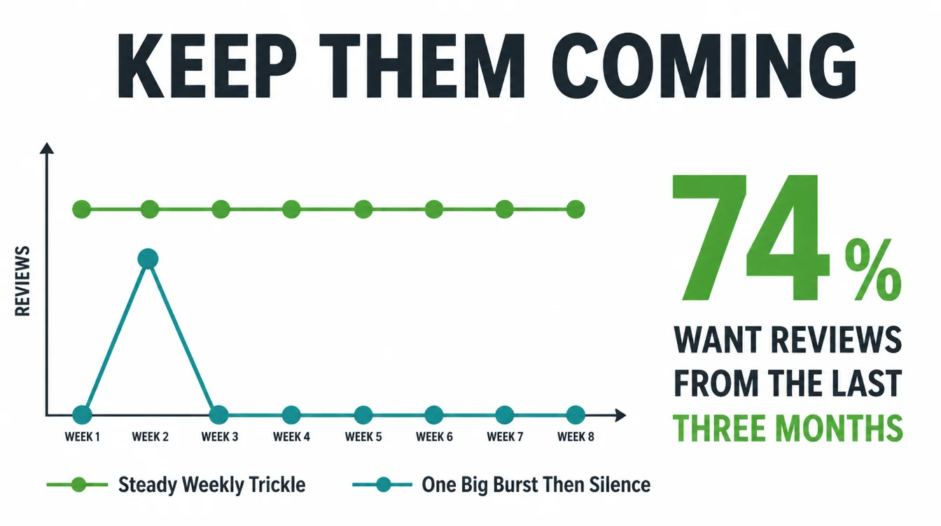 A chart comparing a steady weekly trickle of reviews against one big burst then silence