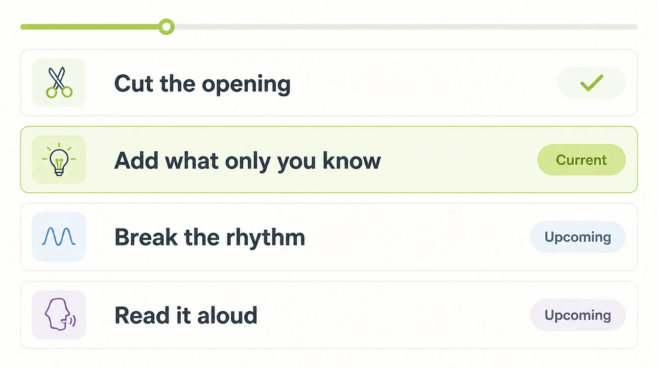 An editing checklist with four steps reading Cut the opening, Add what only you know, Break the rhythm and Read it aloud