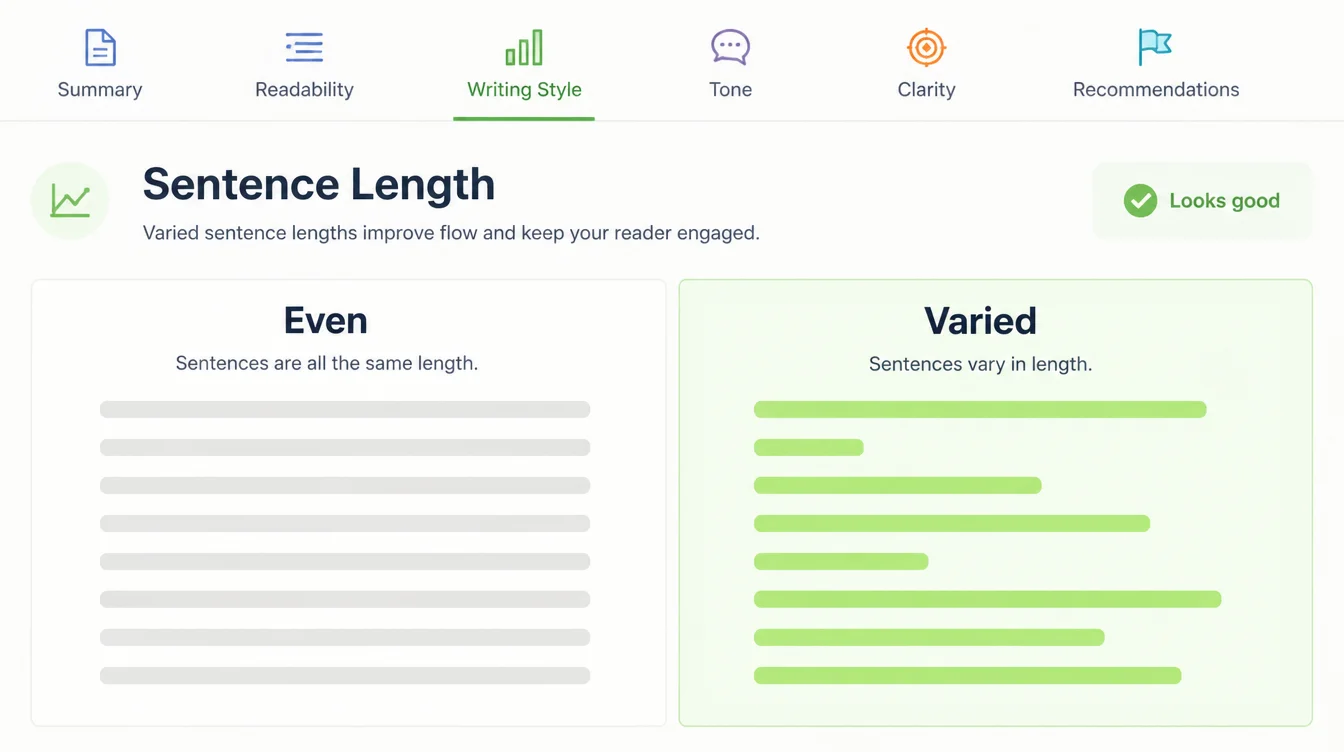 A writing analysis screen headed Sentence Length comparing an Even panel of identical bars to a Varied panel of uneven ones