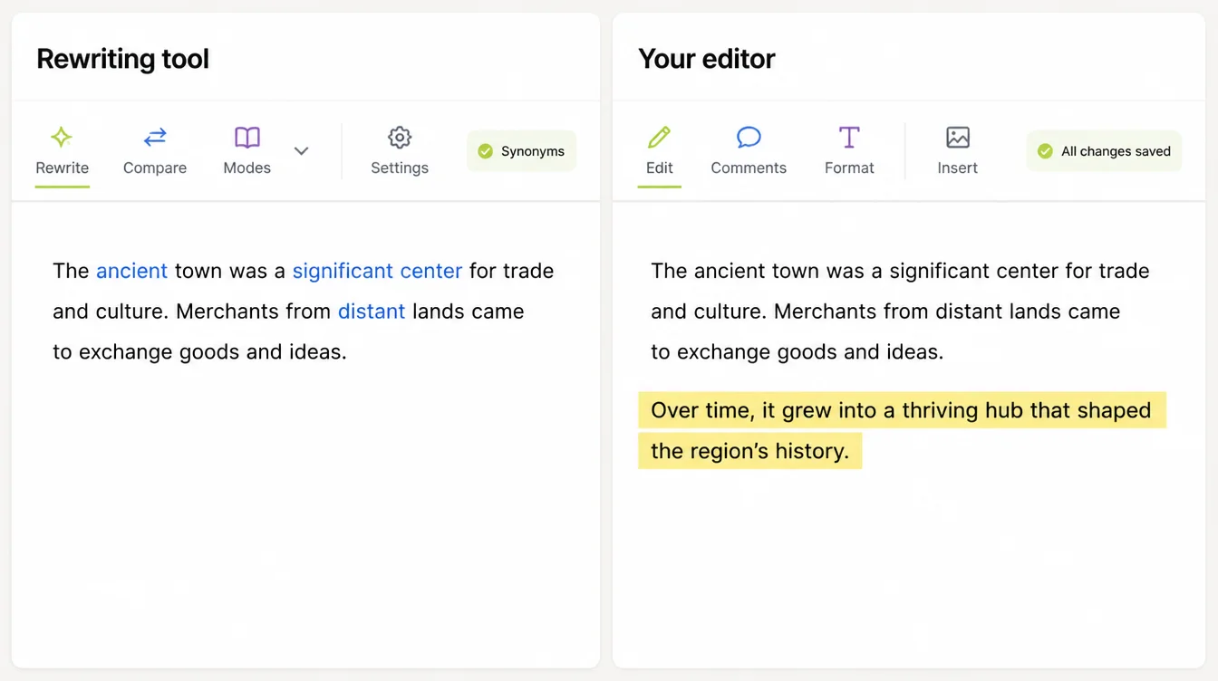 Two windows headed Rewriting tool and Your editor, the first swapping single words and the second inserting a whole new sentence