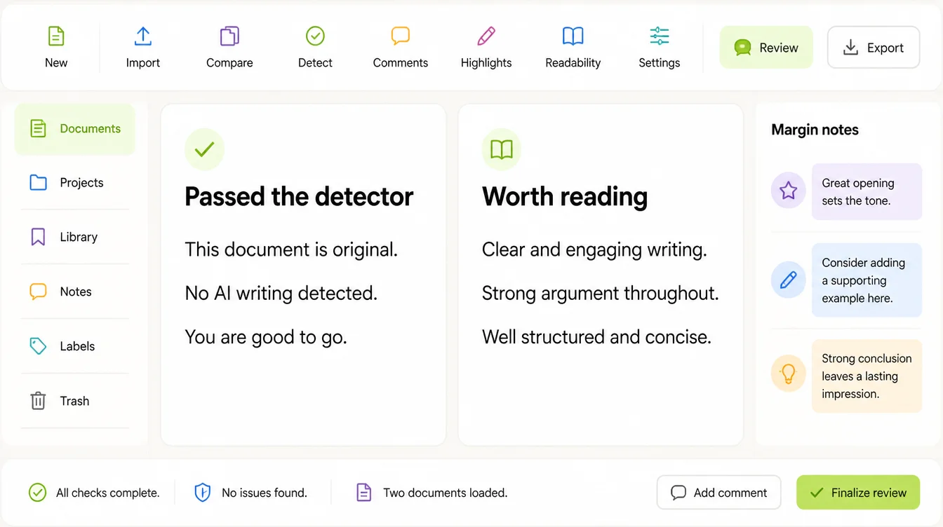 A review workspace comparing a card headed Passed the detector with one headed Worth reading that carries margin notes