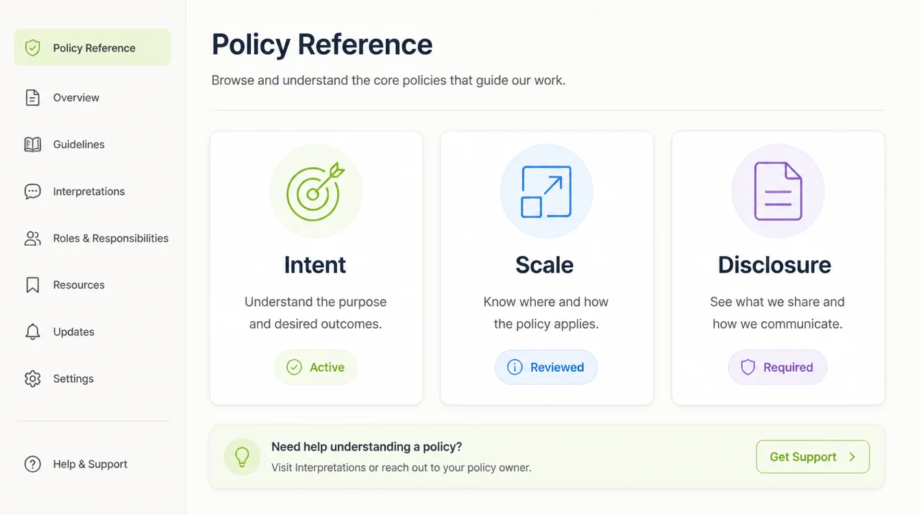 A policy reference screen with three cards headed Intent, Scale and Disclosure