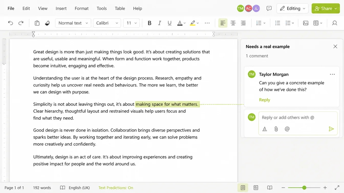 A document editor with a highlighted phrase and an open margin comment headed Needs a real example