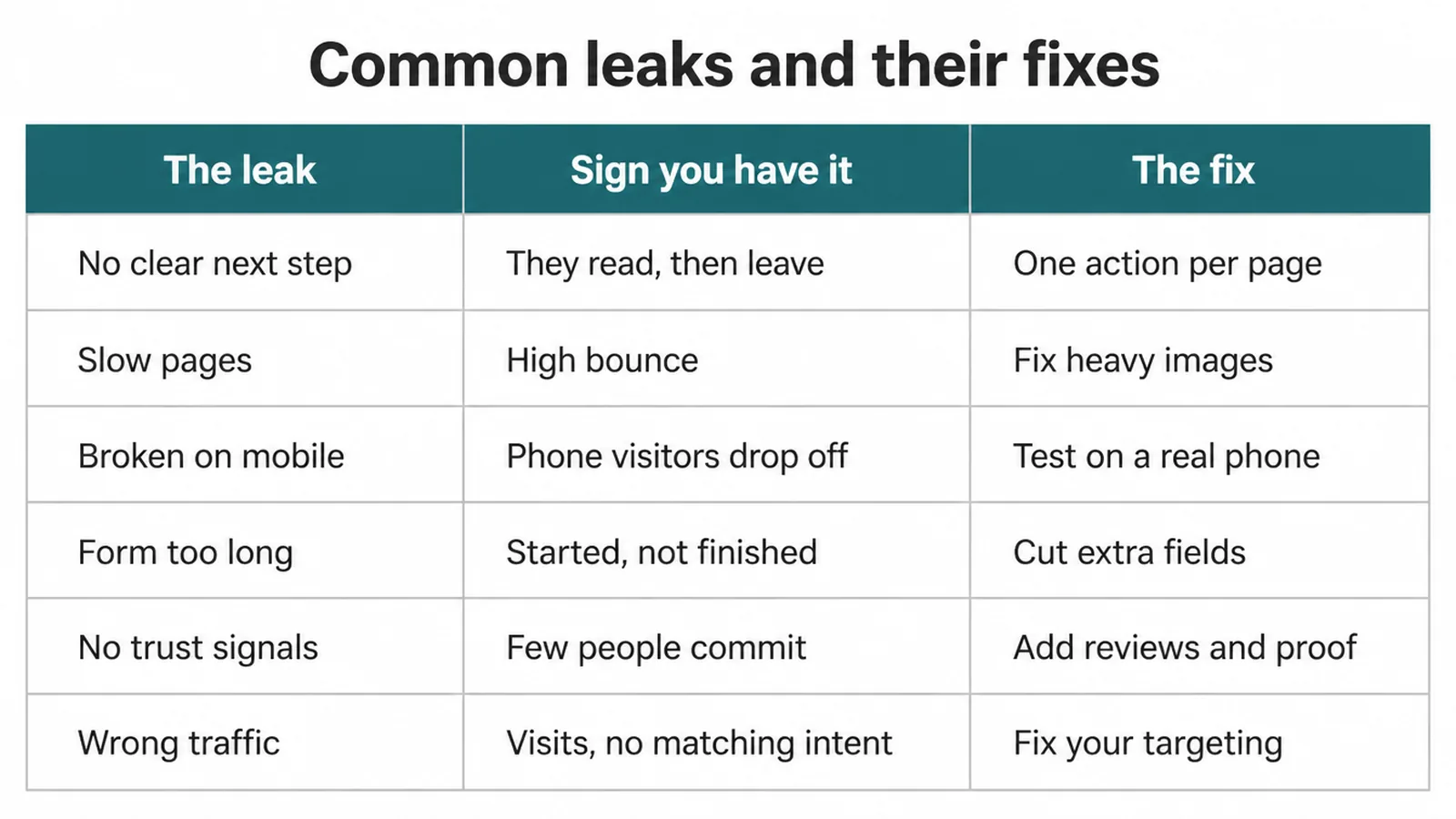 Table of six common conversion leaks, the sign of each one and the fix