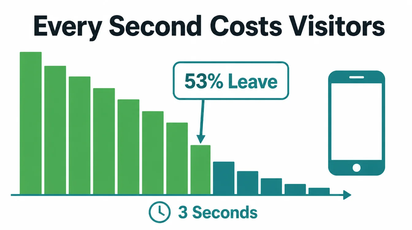 A stepped bar chart showing visitor numbers dropping sharply after a 3 second load time, with 53 percent leaving.
