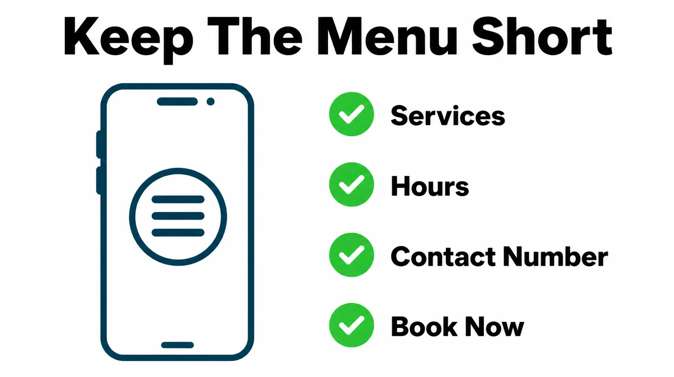 An infographic titled Keep The Menu Short showing a phone with a menu icon next to a checklist of Services, Hours