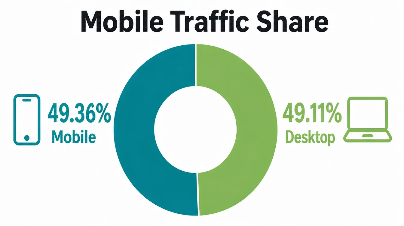 A donut chart comparing mobile traffic at 49.36% with desktop traffic at 49.11%.