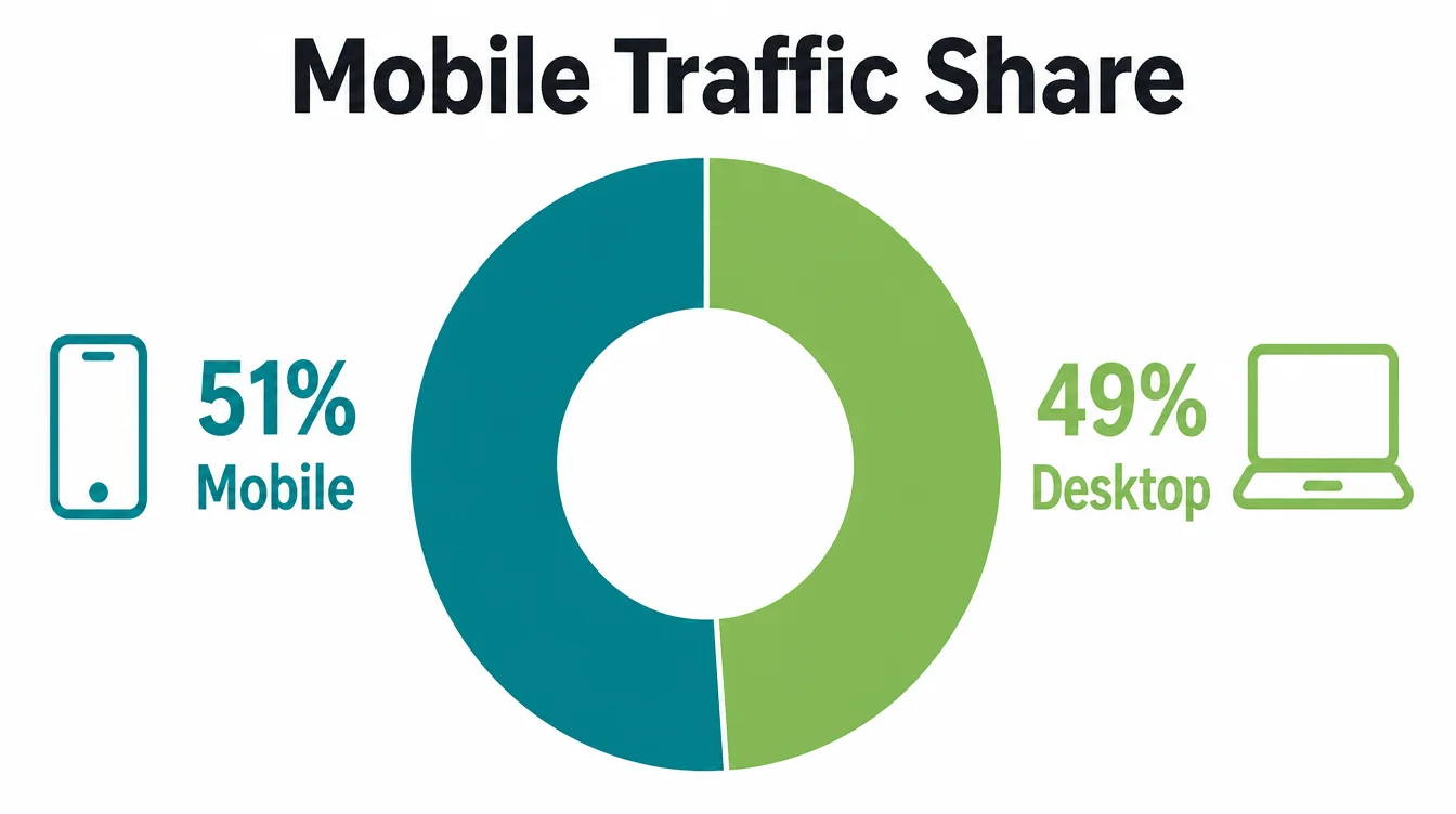 A donut chart comparing mobile traffic at 51 percent against desktop traffic at 49 percent.