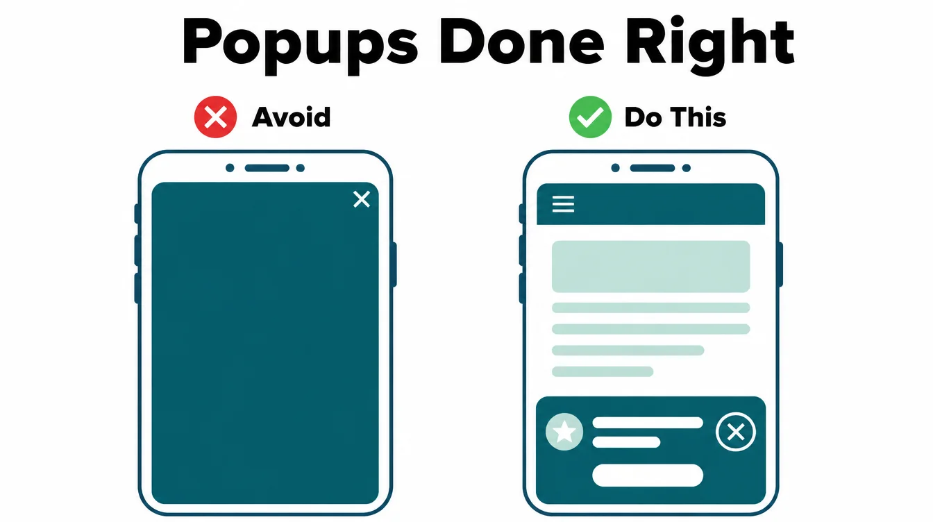 Two flat phone mockups side by side, one labelled Avoid with a full screen pop-up and a tiny close button