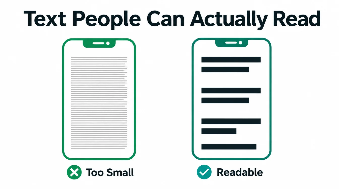 Two phone screens compared, one with tiny cramped text and the other with large readable text.