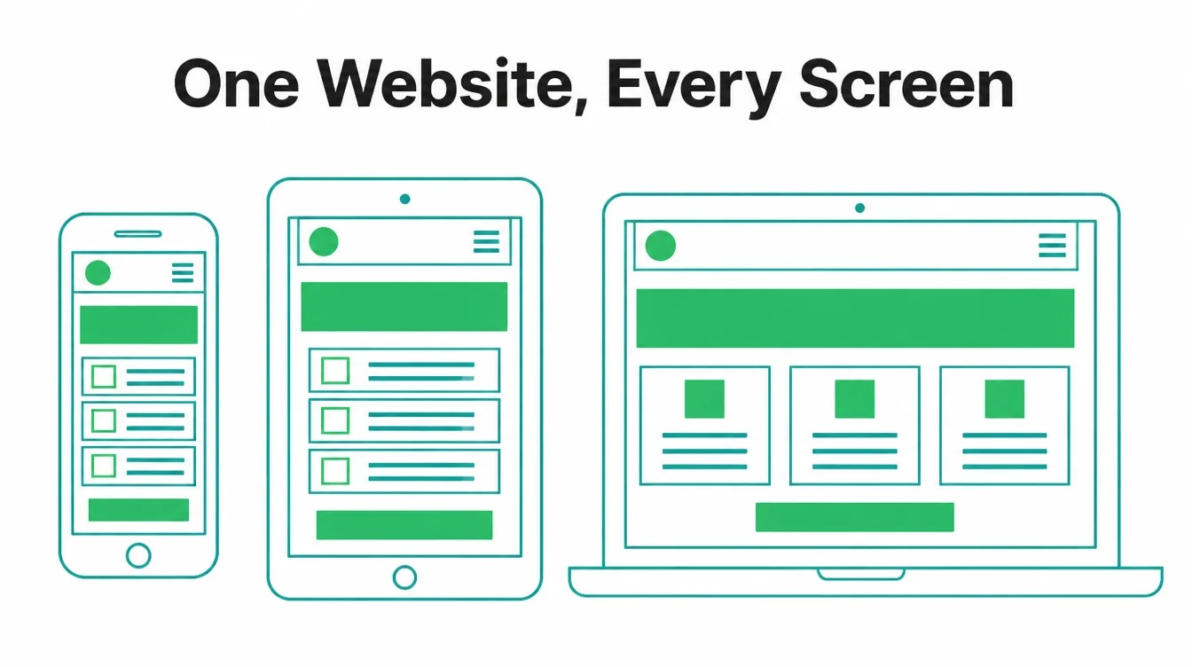 A simple diagram of a phone, a tablet, and a laptop, each showing the same webpage layout reshaping to fit.