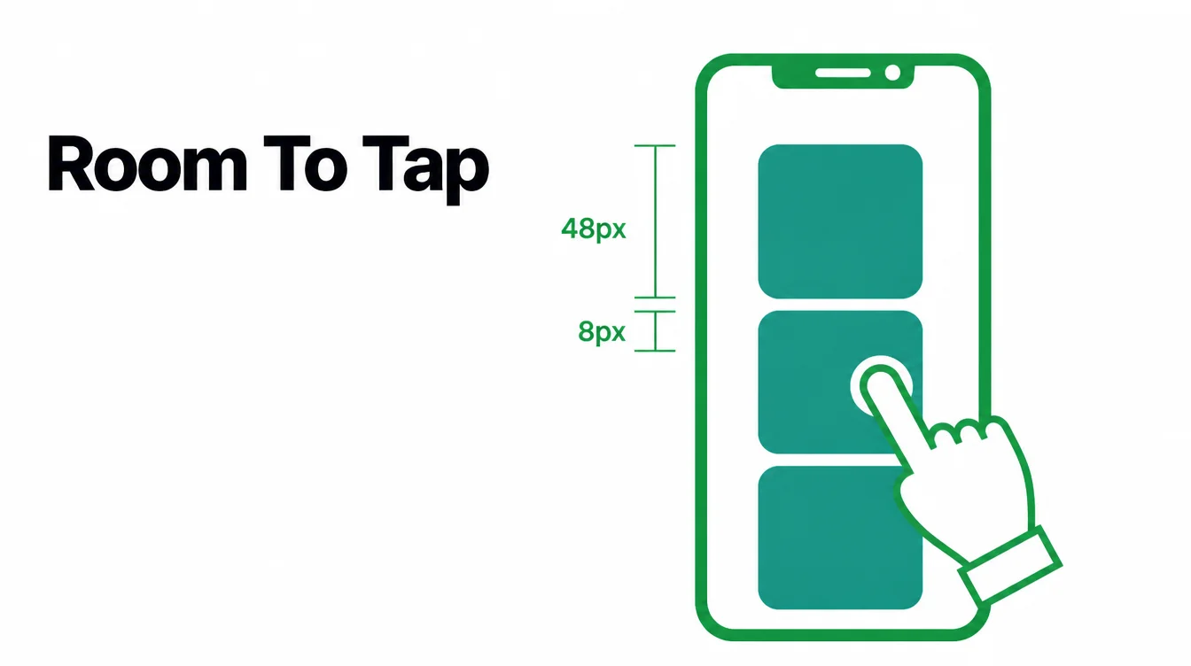 A diagram of a phone screen showing tap targets at about 48 pixels tall with 8 pixels of space between them.